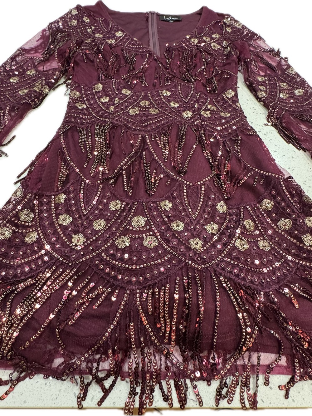 Lulu's Burgundy Fringe Dress Long Sleeve